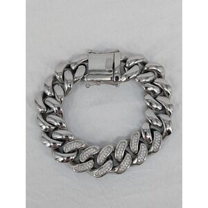 Shaq JCM Mens Stainless Steel CZ Cuban Curb Link Bracelet Silver Tone 9"